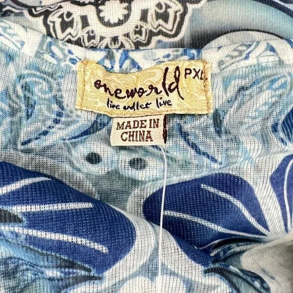 One World Womens V-Neck Lace Trim Tunic Top PXL Blue & Cream Paisley - Picture 2 of 10